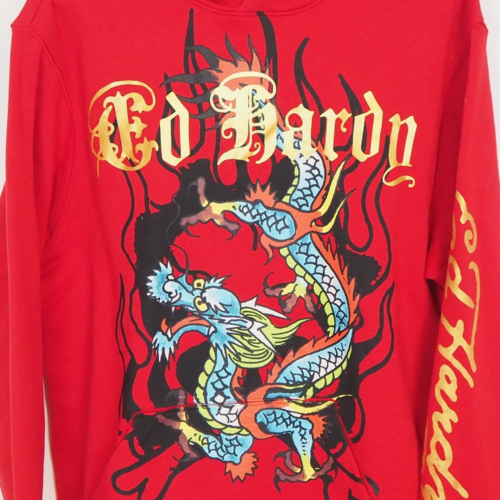 Ed Hardy Chinese Dragon Tattoo Hoodie Men's Sz Medium AOP Graphic Sweatshirt Y2K